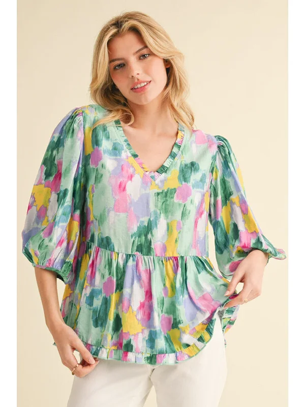 Print Babydoll Top with Frilled V-Neck Sporty Women's Athleisure 