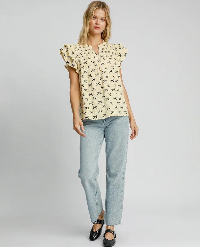 Bow Print Ruffle Sleeve Top Sharp Women's Italian