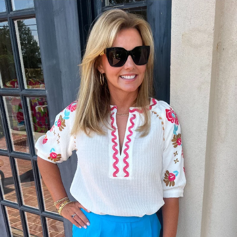 Francis Floral Embroidered Puff Sleeve Top | White Modern Women's 