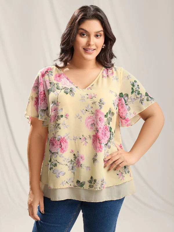 Large Flower Print Layered Hem Blouse Cozy Women's Sherpa - lined