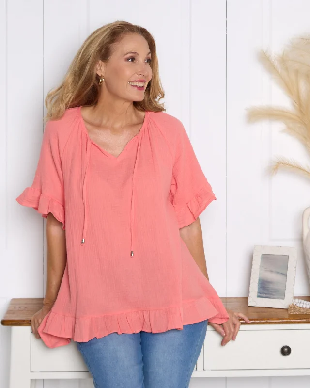 Shaylee Muslin Top - Coral Sporty Women's Tennis