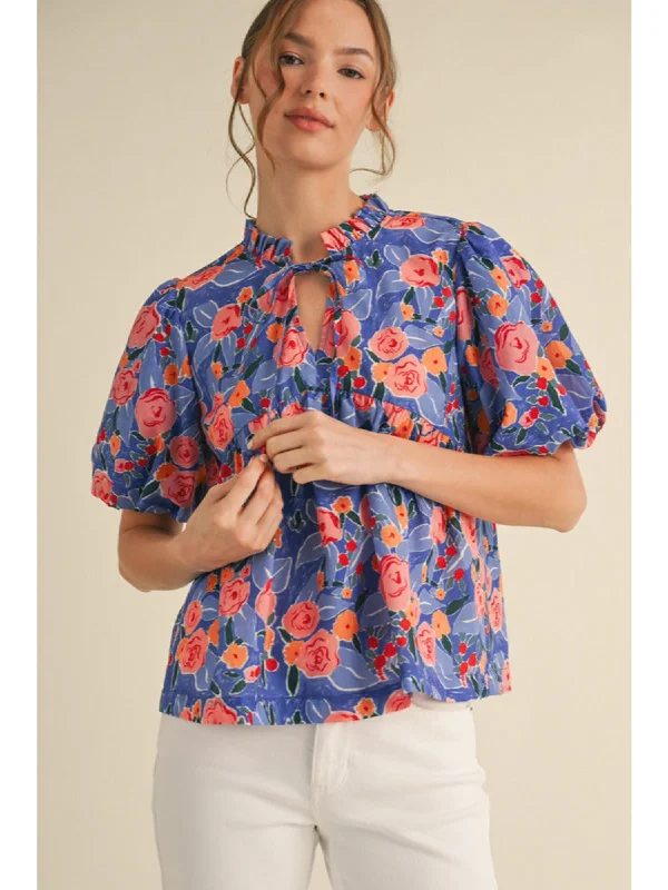 Floral Print Top with Frilled Tie Neck and Puffed Short Sleeves Business
