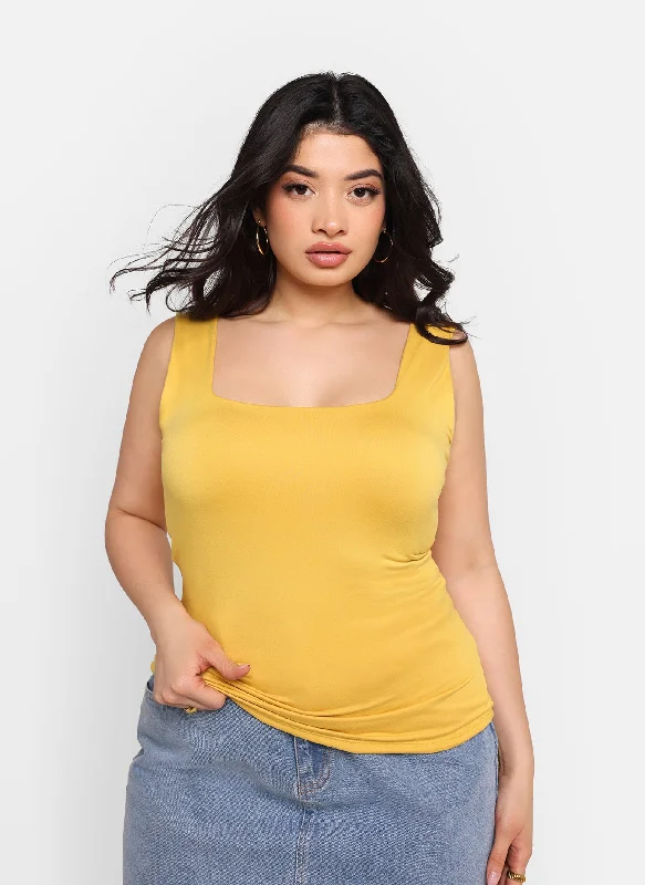 Essential Square Neck Full Length Top - Mustard Trendy Women's Oversized