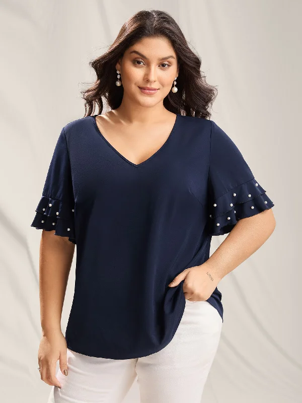 Beaded Layered Sleeve Plain Blouse Disco