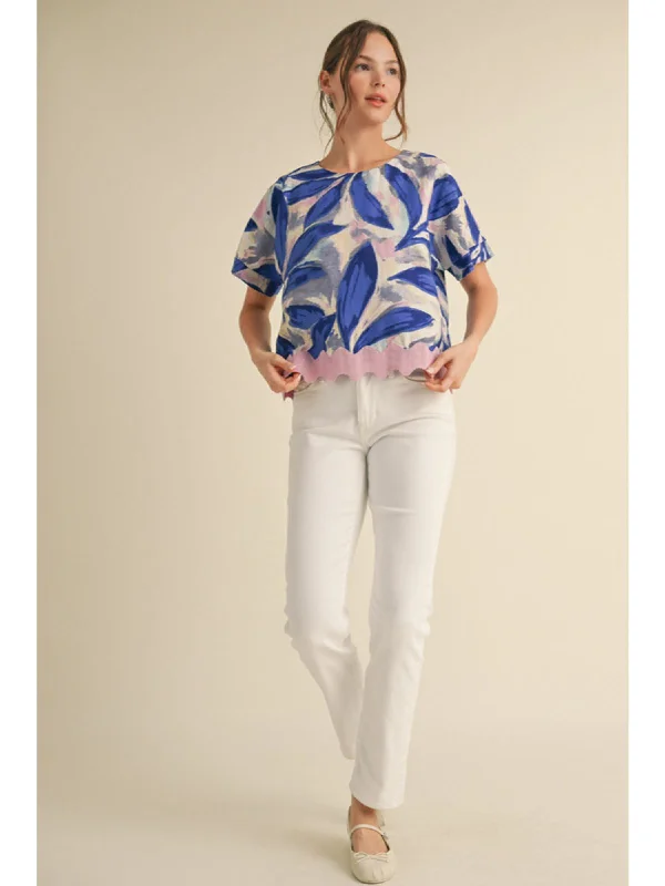 Leaf Print Top with U-neck, Short Sleeves, Band Cuffs and Swirl Hemline Vintage Women's 1970S 