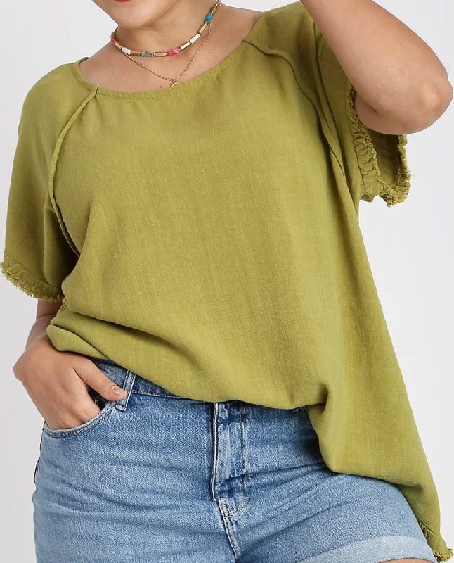 Plus Linen Ruffle Fringe Edge Top Geometric