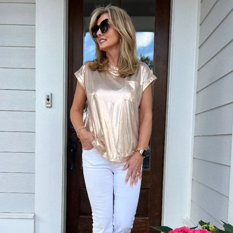 Roxy Metallic Tee Shirt | Champagne Relaxed Women's Beachy