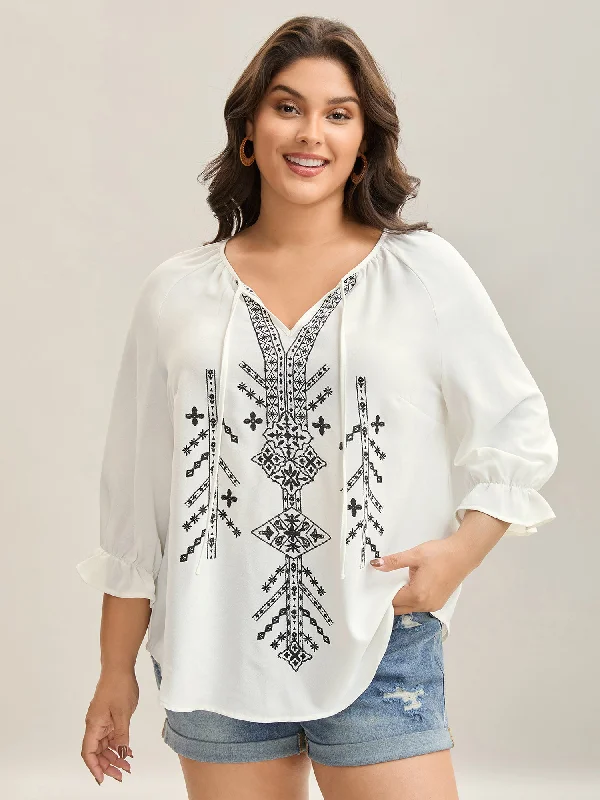 Boho Print Neck Tassels Shirt Practical Women's Multi - 