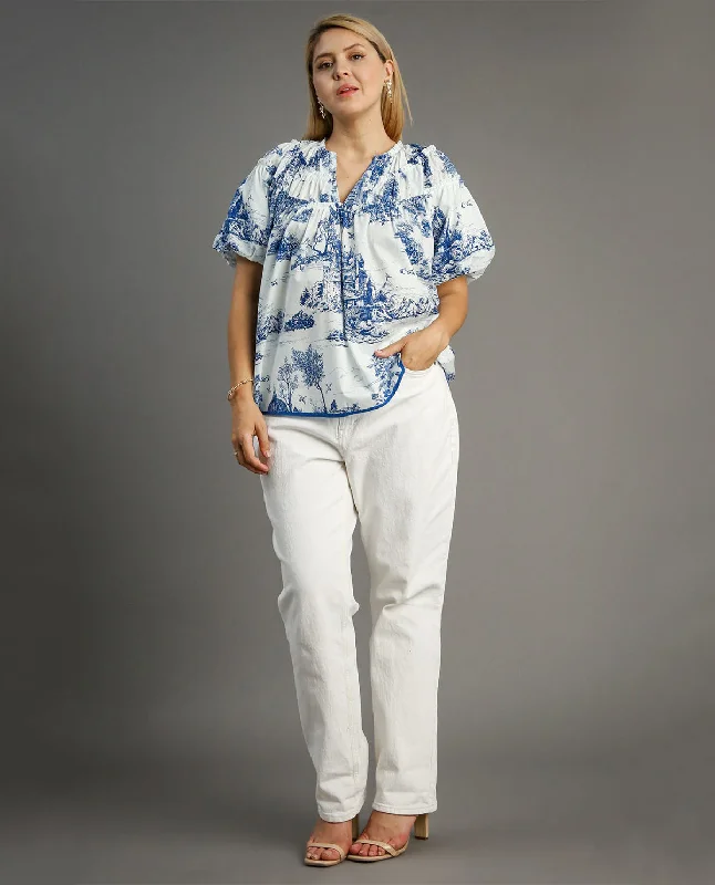 Plus Print Ruffle Neck Top Cool Women's Distressed
