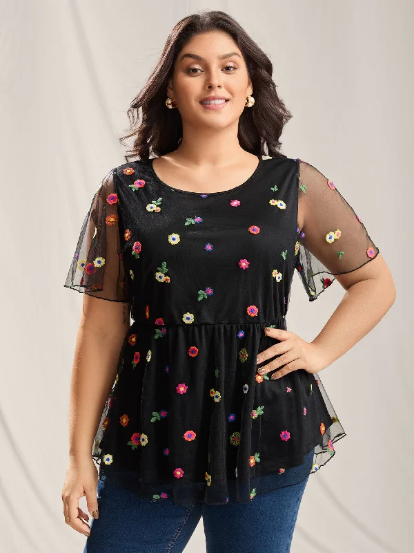 Floral Mesh Embroidery Babydoll Blouse Laid - back Women's Vibe