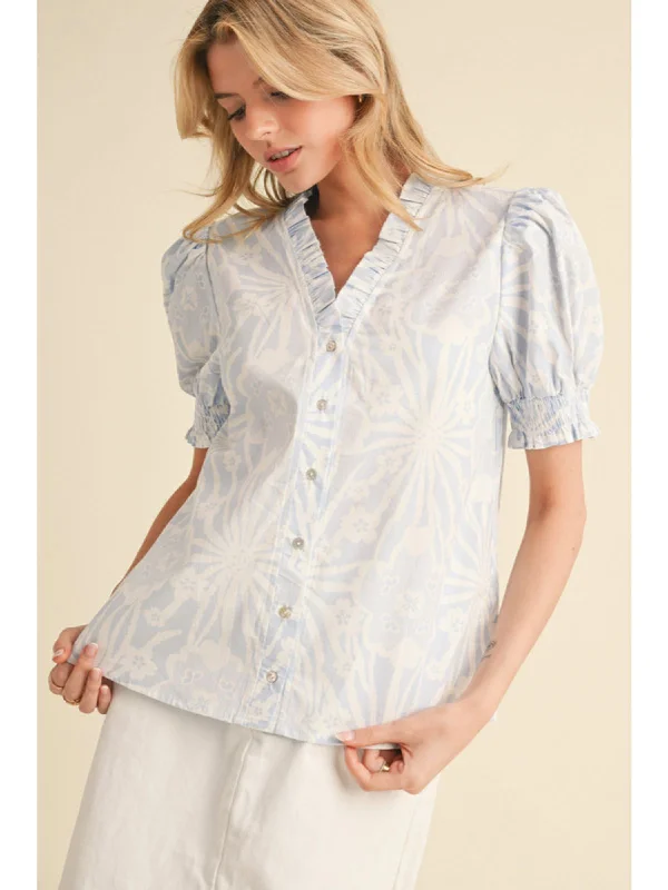 Print Button Down Front Top with Frilled V-Neck and Puffed Short Sleeves Dapper Women's 1920S