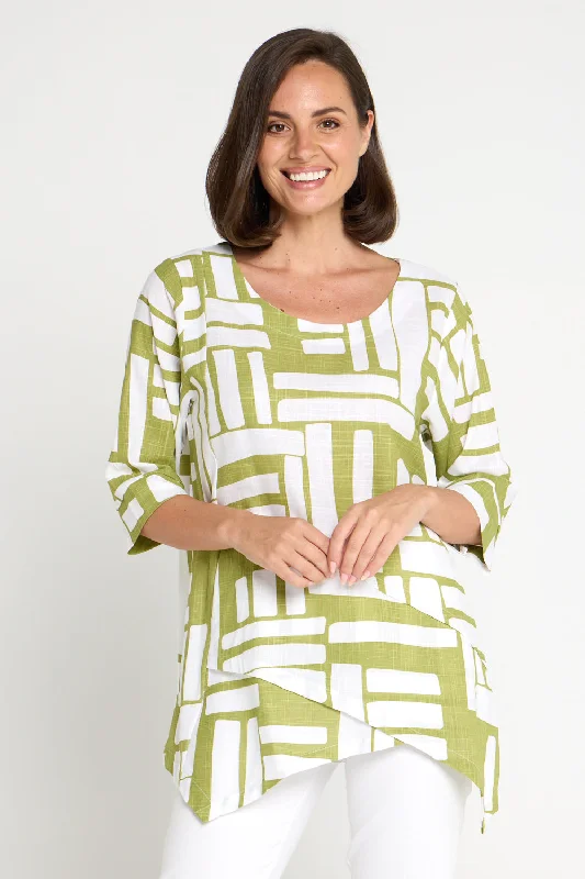 Esther Linen Top - Olive/White Midcentury Streetwear Style for 