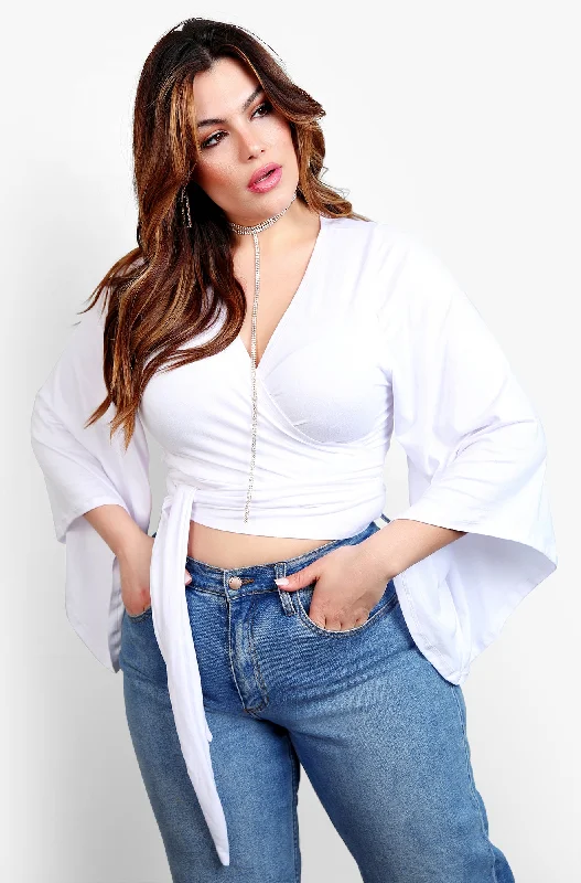 Go On Kimono Sleeve Wrap Around Tie Front Crop Top - White Sporty Women's Athleisure 