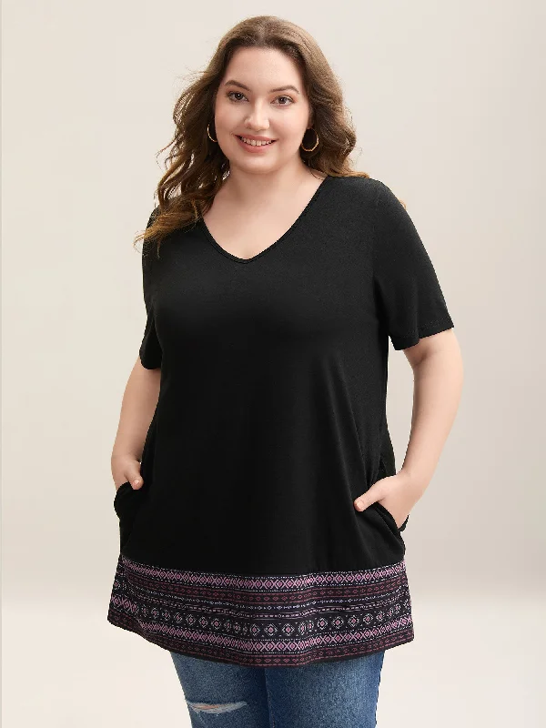 Boho Striped Hem Stretchy Pockets T-Shirt Monochromatic All - in - one
