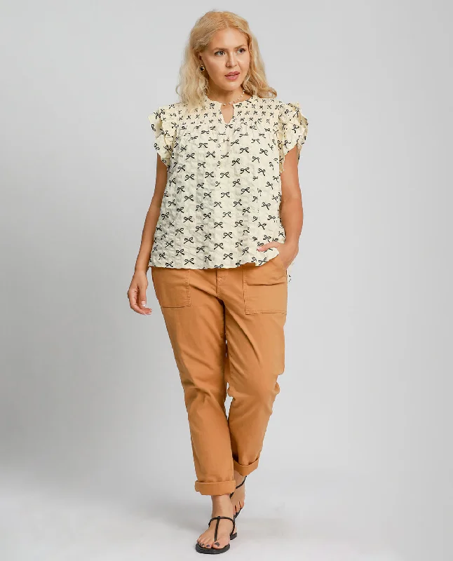 Plus Printed Ribbon Top with Ruffle Sleeves Bold Women's Animal Print