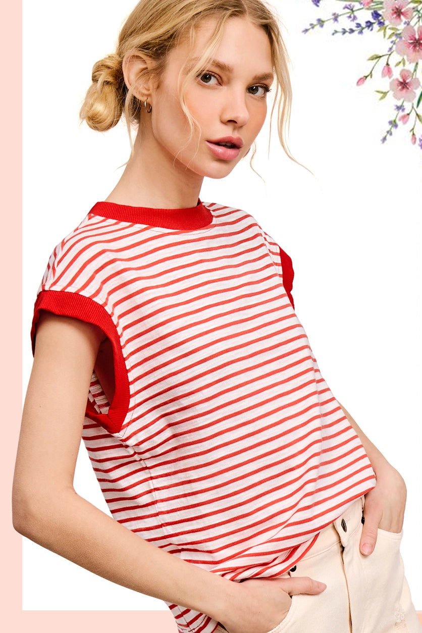Nautical Cap Sleeve Striped Top Unique Women's Upcycled