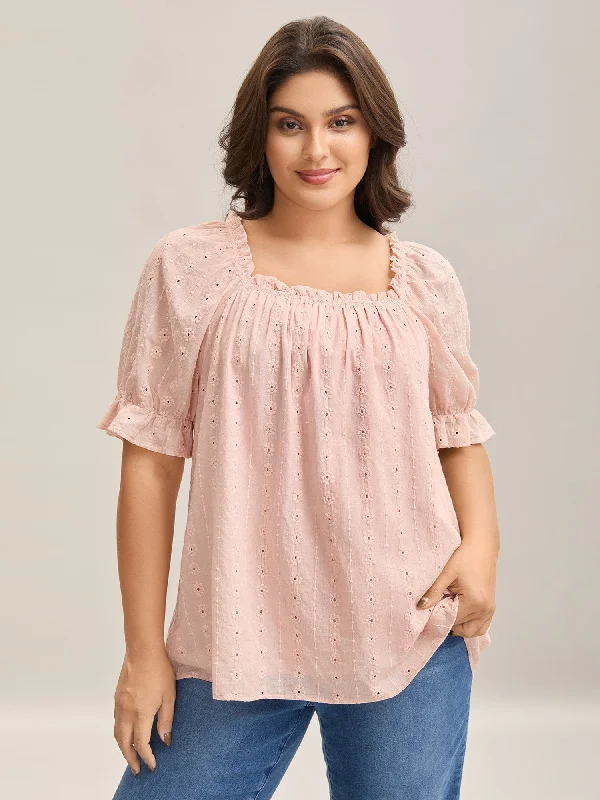 Textured Frill Trim Square Neck Blouse Gym