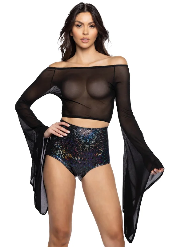 Nomadic Nirvana Black Mesh Gypsy Sleeve Top Artistic Women's Hand - painted