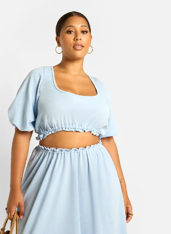Cyan Puff Sleeve Crop Top - Baby Blue Refined Women's Classic 