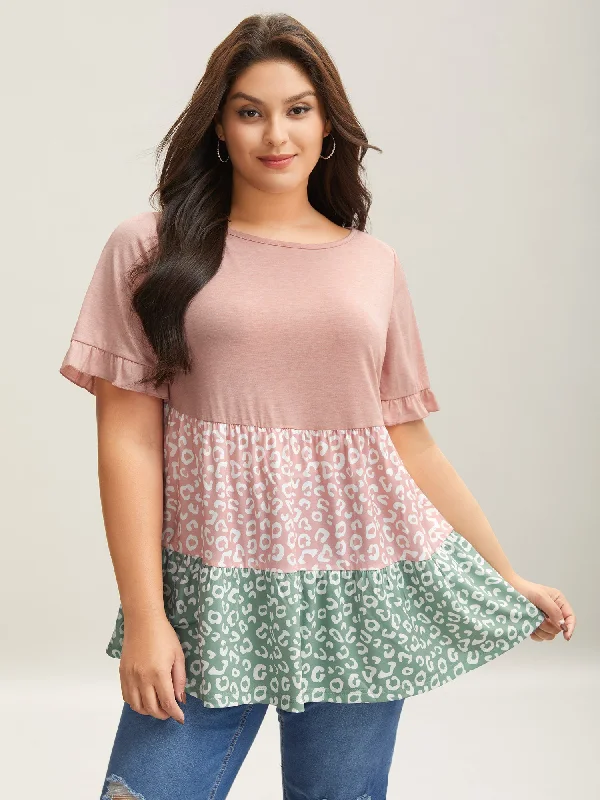Spliced Printed Tiered Ruffled Sleeve T-Shirt Confident Women's Power