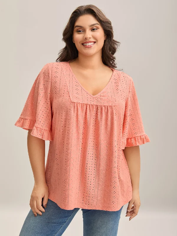 Eyelet Trim Ruffled Sleeve Knit Top Tough Women's Military - inspired