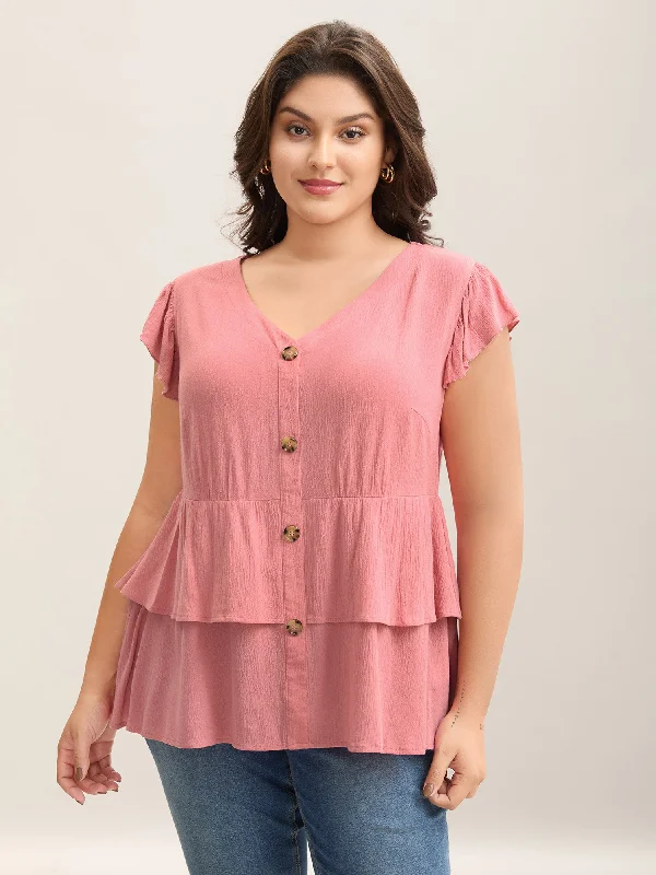 Rayon Ruffled Layered Hem Button Blouse Artistic Women's Hand - painted