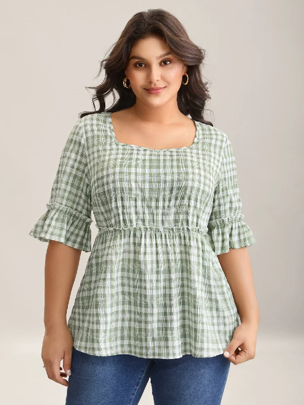 Plaid Pattern Ruffled Sleeve Babydoll Top Scandinavian