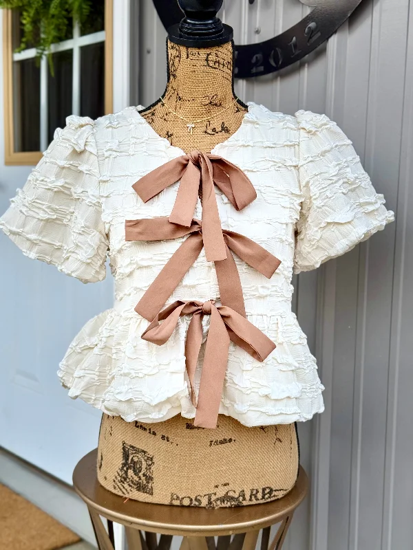 Hailey Baby Doll Bow Textured Top Practical Women's Quick - dry