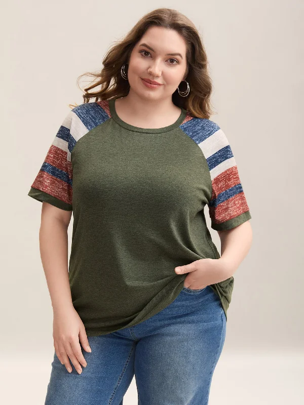 Striped Raglan Sleeve Plain T-Shirt Preppy Women's College