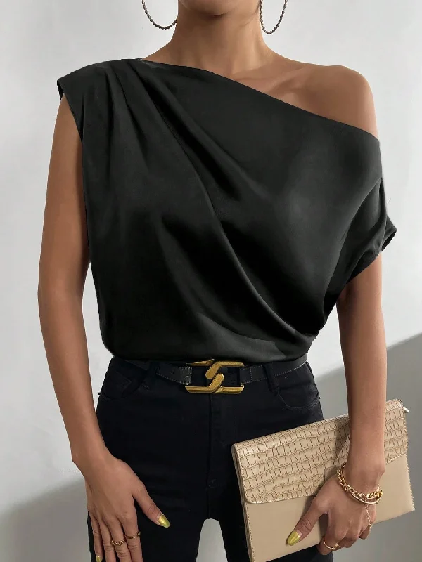Ruched Single Shoulder Blouse Artistic Women's Hand - painted