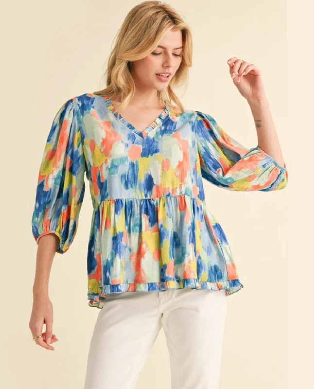 Abstract Baby Doll Top with Frilled V-Neck & Three-Quarter Sleeves Sustainable Organic