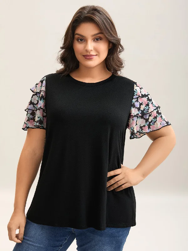 Floral Layered Sleeve Spliced Plain T-Shirt Cashmere