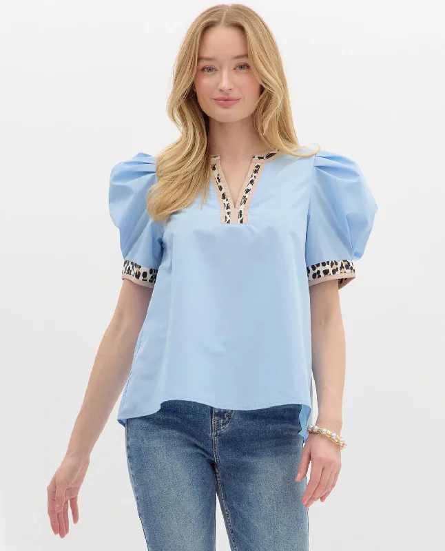 Solid Top with Leopard Trim and Puffed Sleeves Confident Women's Power