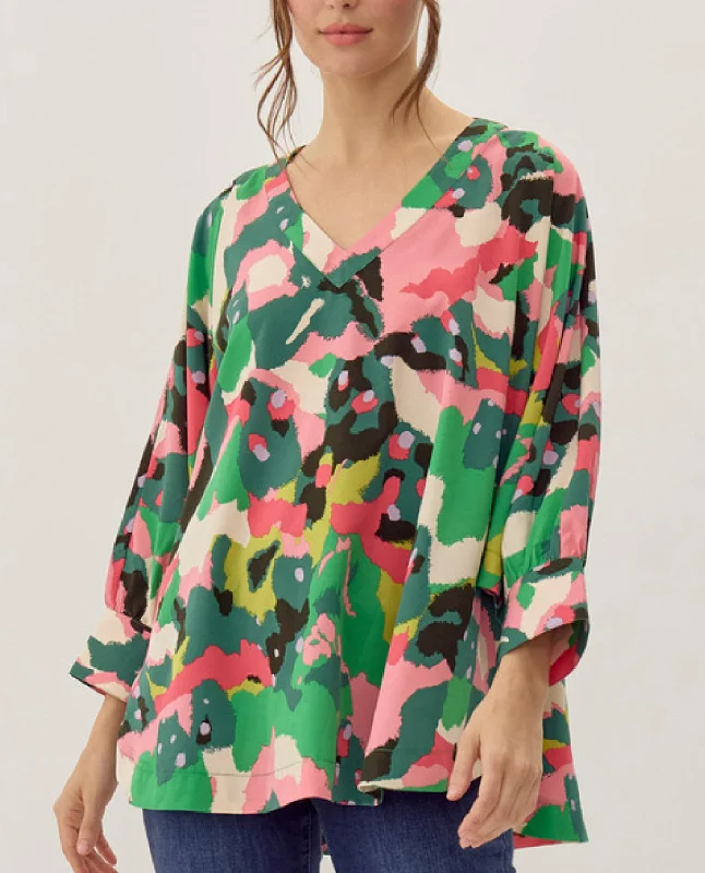 Abstract Printed V-Neck Long Sleeve Tunic Athletic Women's High - 