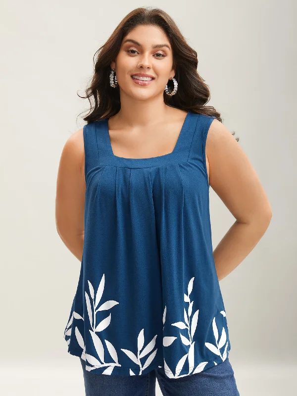 Leafy Printed Hem Pleated Sleeveless Top Business