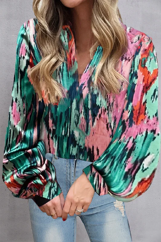 Printed V-Neck Long Sleeve Blouse Monochromatic Office Style