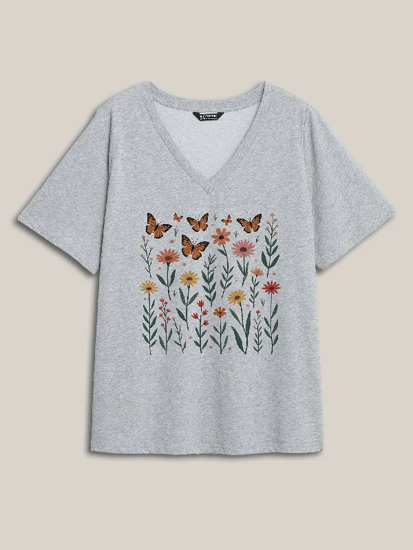 Butterflies Pattern V-Neck T-Shirt Refined Women's Hand - crafted