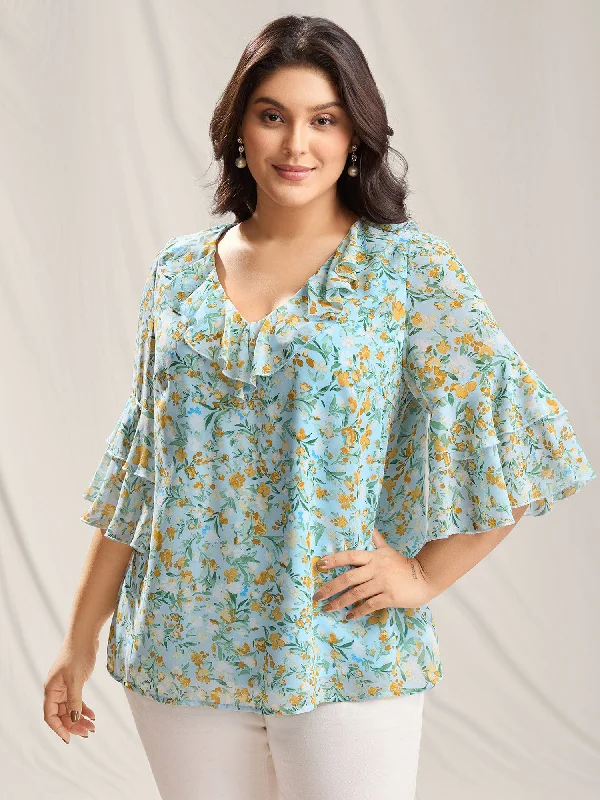 Floral Print Ruffled Layered Sleeve Blouse Classic Women's Pin - striped