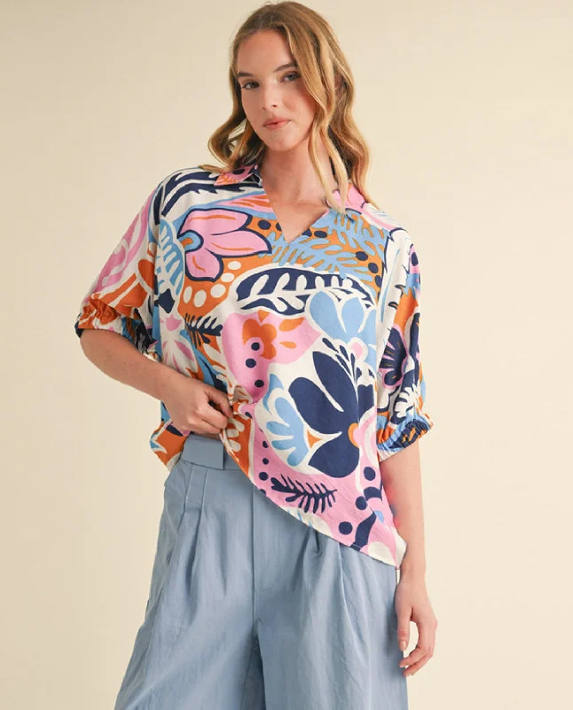 Abstract Floral Print Top Polished Women's Silk