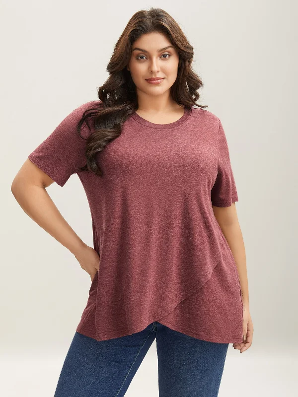 Heather Stretchy Overlap Hem Plain T-Shirt Sleek Women's 
