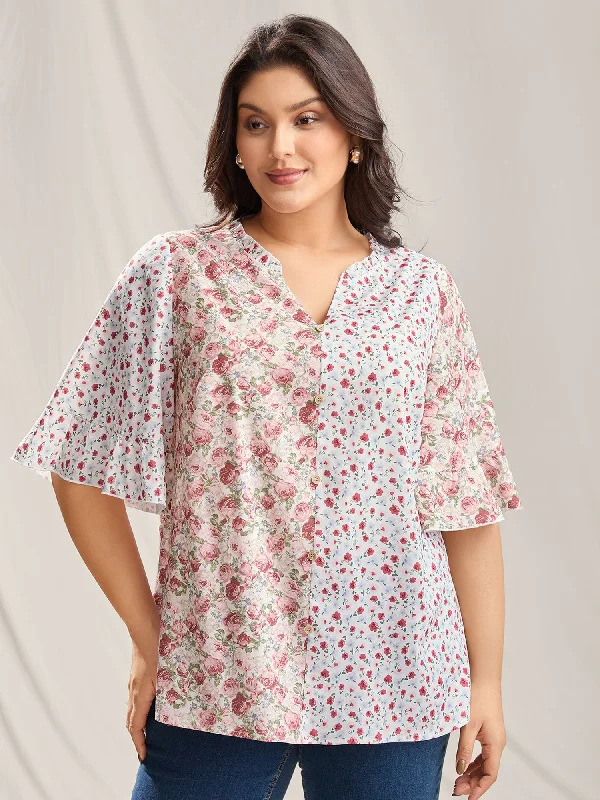 Floral Contrast Print Button Detail Blouse Confident Women's High - fashion