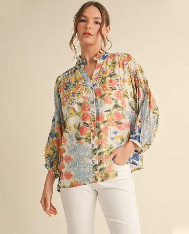 Floral Print Chiffon Button-Up Top with Frilled Details Casual Women's Loose - fitting