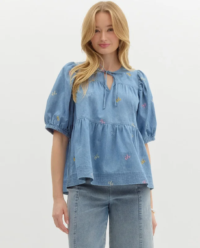 Embroidered Bow Top Vintage Women's 1970S 