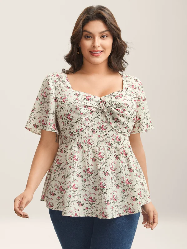Knotted Floral Print Flared Sleeve Blouse Bold Women's Animal Print