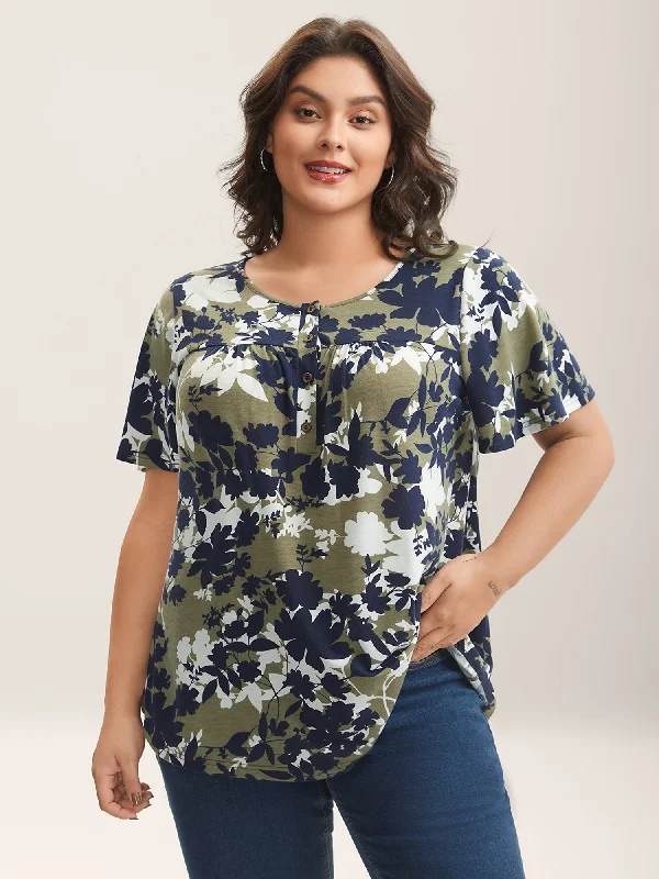 Silhouette Flower Button Placket Jersey Top Classic Women's Tweed