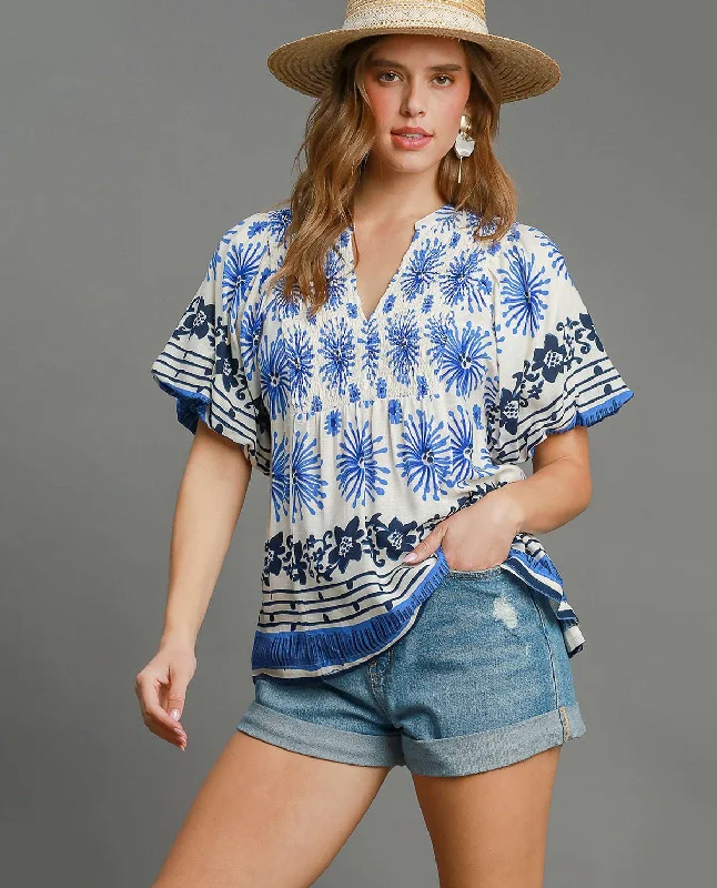 Mixed Border Print Top with Smocking Details Dapper Women's 1920S