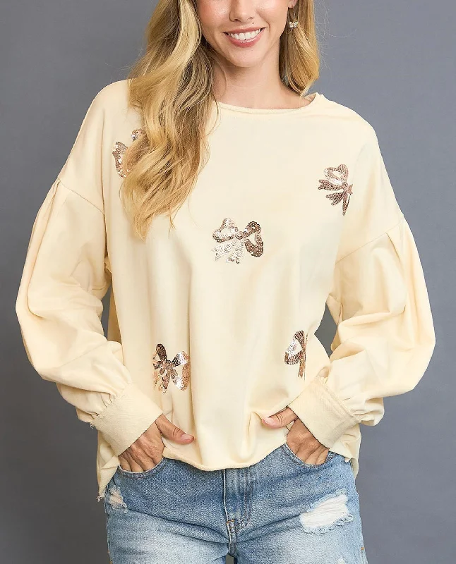 French Terry Top with Ribbon Sequins Sleek Women's 