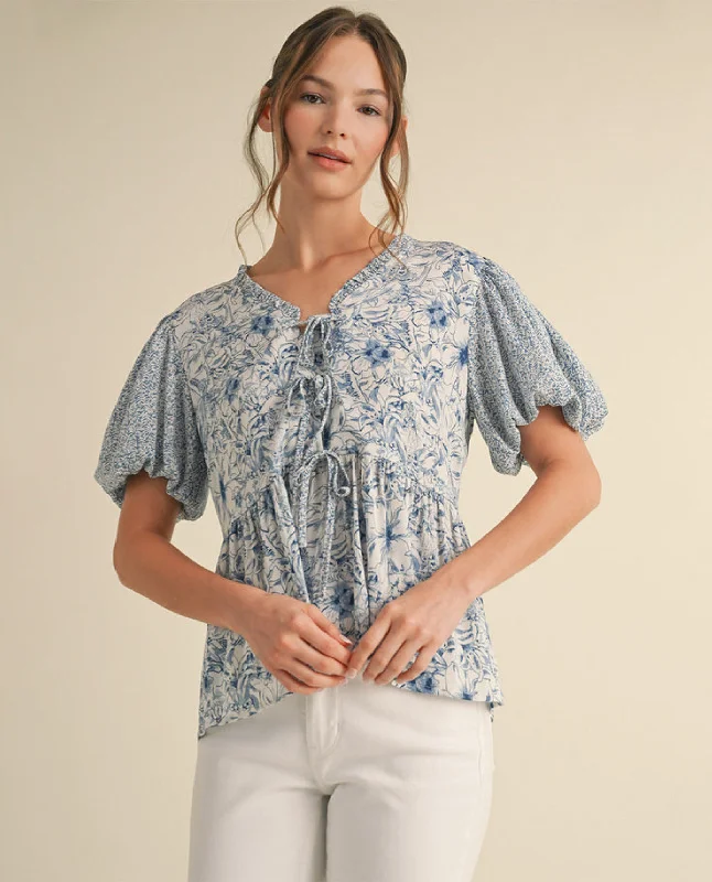 Printed Top with Bows and Puff Sleeves Sharp Women's Italian