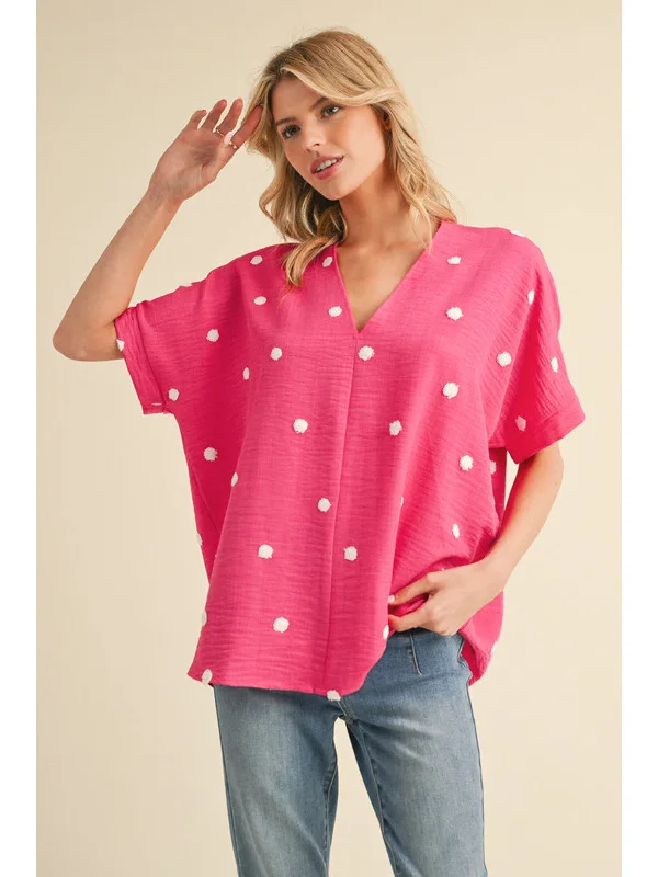 Plus Polka Dot Top with V-Neck and Pearl Accents Rugged Women's Outdoor 