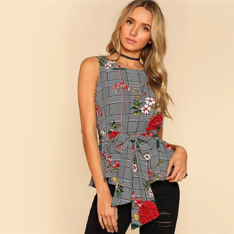 HOLLY'S HOUNDSTOOTH FLORAL BELTED TOP Sporty Women's Athleisure 